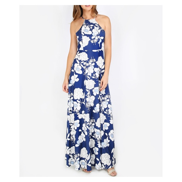 Blue White Floral Halter Neck Maxi Dress - Picture 5 of 5